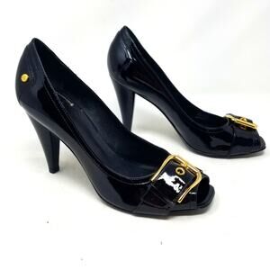 JVincent Black Leather Patent Leather Buckle Pumps Women's Size 7.5